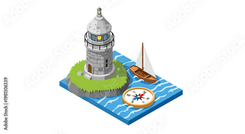 A charming isometric scene depicting a sturdy stone lighthouse on a small grassy island surrounded by blue water with a sailboat and a golden compass.