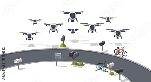 drones flying over road with bicycles and mailboxes