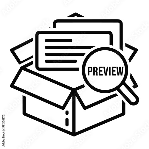 Document preview in box with magnifying glass vector icon