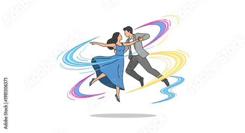 Couple dancing tango with colorful swirling lines around them