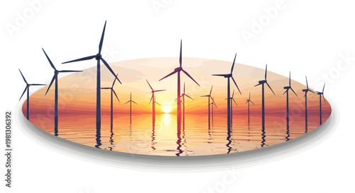 Wind turbines at sunset on calm water surface