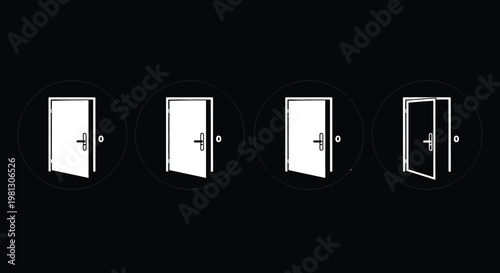 A series of four circular illustrations depict a door progressively opening against a black background