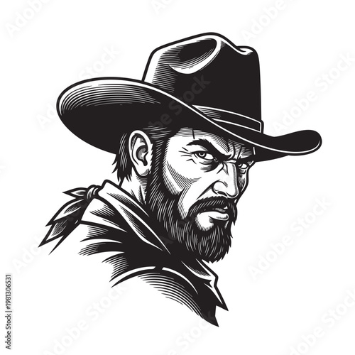 Rugged Cowboy Man Portrait with Wide Brim Hat and Beard, Black and White Engraving Western Vector Art