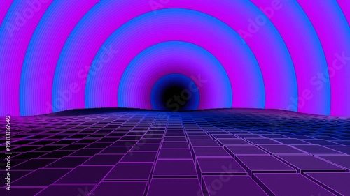 Background: 3D Neon Cube Corridor with circular patterns in pink and purple, for videotrons, advertising, gaming, virtual environments, music, digital billboards, virtual reality, live events, meeting