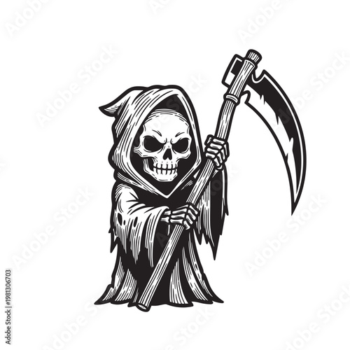 Classic Dark Grim Reaper Holding a Scythe, Black and White Engraving Halloween Gothic Horror Vector Art