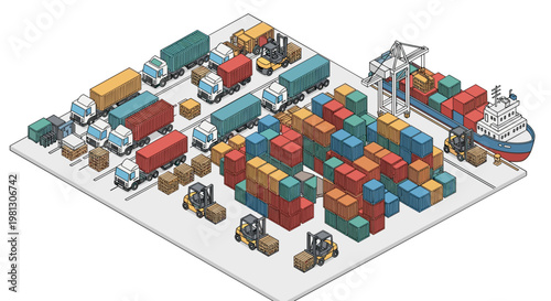 A meticulous isometric illustration depicts a bustling commercial shipping port filled with vibrant cargo containers and heavy machinery under bright daylight.