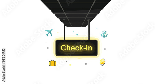 A sleek black airport check-in sign with glowing yellow typography hangs from a dark ceiling surrounded by minimalist travel icons and a white background.