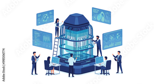 A collaborative team of professional technicians manages a massive glowing blue server core surrounded by floating holographic data interfaces in a clean white space.