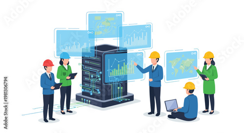 Five professional engineers wearing protective hard hats interact with multiple glowing blue digital data screens surrounding a central black server tower.