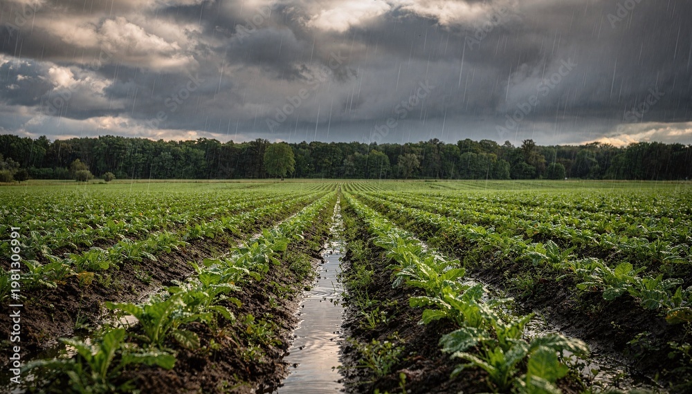 Obraz premium Vast agricultural field with neat rows of green crops under a dramatic, cloudy sky during a gentle rain shower, evoking growth and nature in rural landscape
