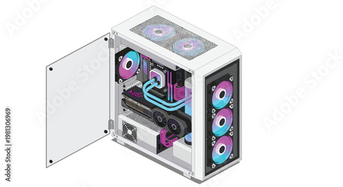 A high-end white computer case with an open glass side panel reveals meticulous internal components including vibrant pink and blue RGB fans and liquid cooling.