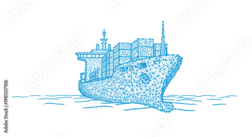 A large cargo ship constructed from a complex blue wireframe mesh of dots and lines floats on a minimalist ocean against a white background.