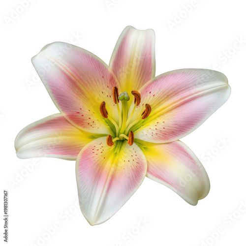 Pink and white lily flower with yellow center isolated on transparent background