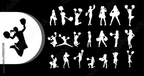 A collection of cheerleader silhouettes in various poses on a black background