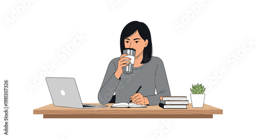 A focused young woman in a grey sweater drinks from a silver tumbler while writing meticulously in a notebook at her wooden desk with a laptop nearby.