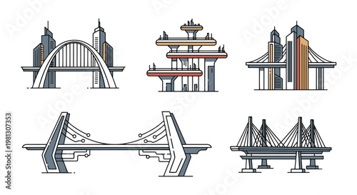 Futuristic City Bridges Line modern clean shapes illustration
