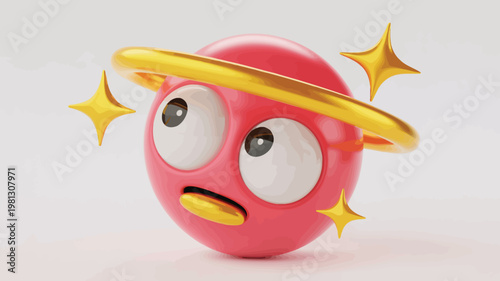 3D glossy red emoji with golden halo and stars, cute dizzy emoticon character, whimsical pink sphere with gold ring and sparkles