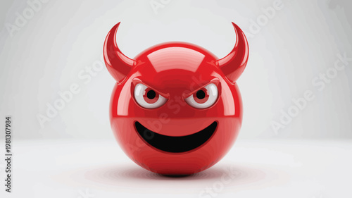 Red devil emoji with horns, 3D glossy demon character with evil smile, mischievous red monster face vector illustration for gaming and social media