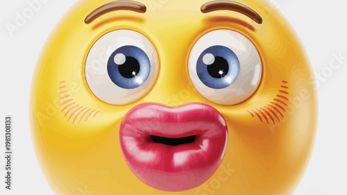 3D yellow emoji with big pink lips, funny surprised emoticon face, glossy character with large blue eyes and blushing cheeks, vector illustration