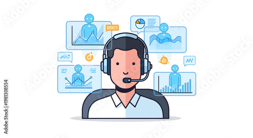 Customer support agent wearing headset with multiple screens