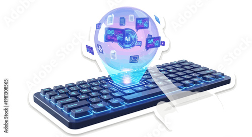 Computer keyboard with glowing blue circuit board and futuristic brain symbol