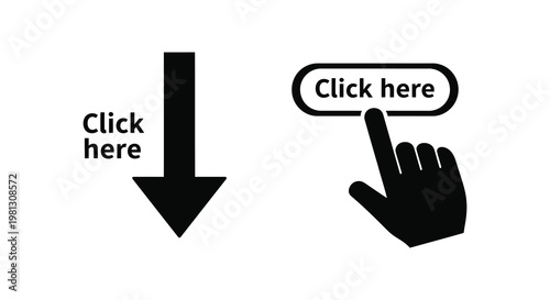 Click here button and hand pointing a simple digital call to action silhouette