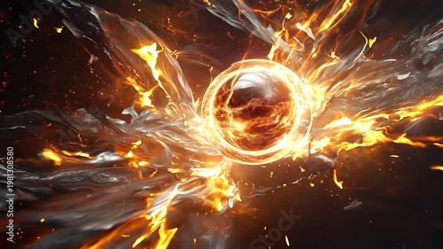 Abstract explosion in space with rocks and stones burst in flame, sci-fi and technology background