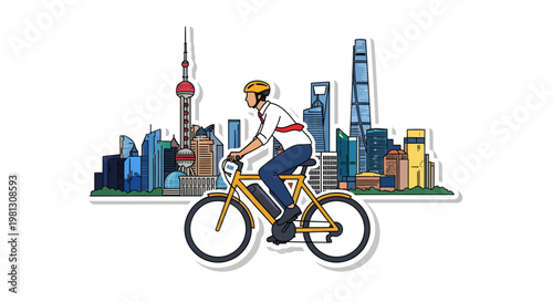 Man riding bicycle in front of city skyline, urban transportation
