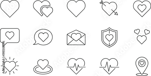 Heart icons vector set with love chat message shield and health symbols outline illustration collection design