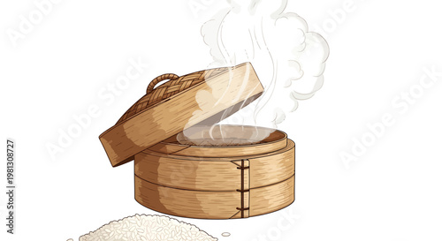 Steaming bamboo dim sum basket with rice