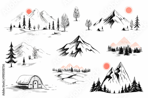 Black and white sketch collection depicting mountainous landscapes and small structures
