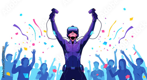 Virtual reality gamer celebrates with joyful crowd