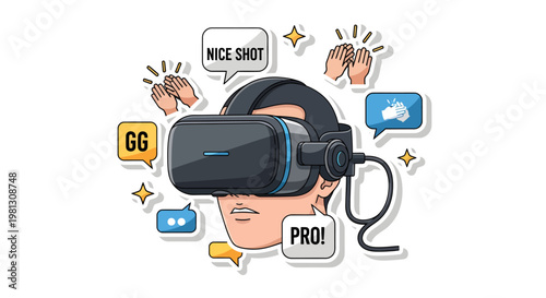 gamer wearing virtual reality headset with chat bubbles around