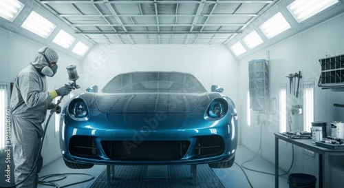 Auto body shop worker painting a blue sports car
