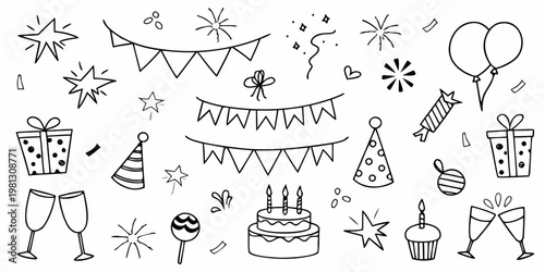 Celebratory doodles balloons confetti cake and party decorations in black and white