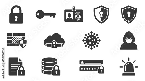 Cybersecurity and data protection solid icon set. Black flat vector symbols for network privacy, firewall defense, and modern IT infrastructure UI design.