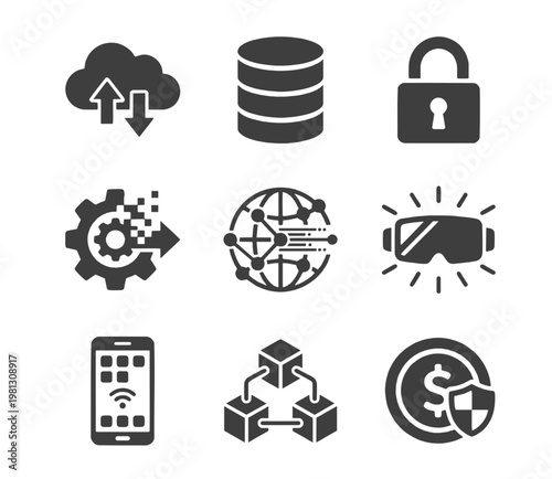 Digital technology and cybersecurity solid icon set. Black flat vector glyphs for digital transformation, web3 innovation, metaverse, and modern fintech UI design.