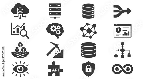 Premium Big Data and Cloud Computing Solid Glyph Icon Set. Essential data analytics, server management, and machine learning vector symbols for enterprise UI design and tech dashboards.