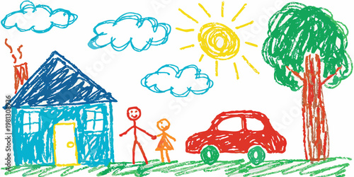A child s drawing depicts a house family car and sunny sky