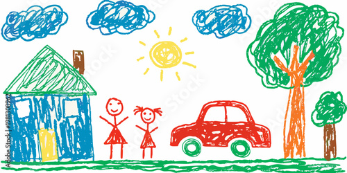 A child s colorful drawing depicts a house sun people tree and car