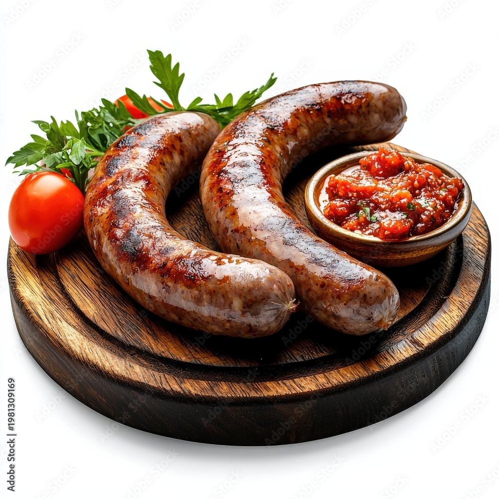 Fototapeta premium Juicy Grilled Sausages with Tomato Sauce Garnished with Fresh Parsley and Cherry Tomato on a Round Wooden Cutting Board