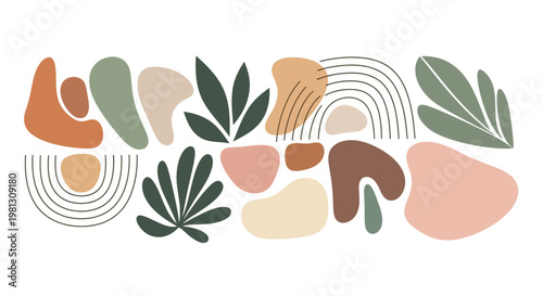 Modern abstract organic shapes and botanical elements collection in earthy tones, perfect for contemporary design backgrounds and decorative patterns