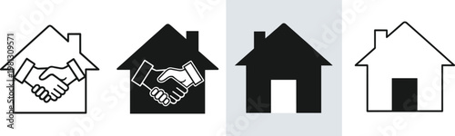 Collection of house icons featuring handshake symbols and solid silhouettes, illustrating real estate transactions, agreements, partnerships, and property sales.