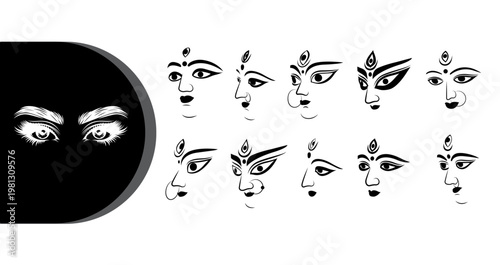 A collection of various traditional Indian face illustrations with unique expressions and designs