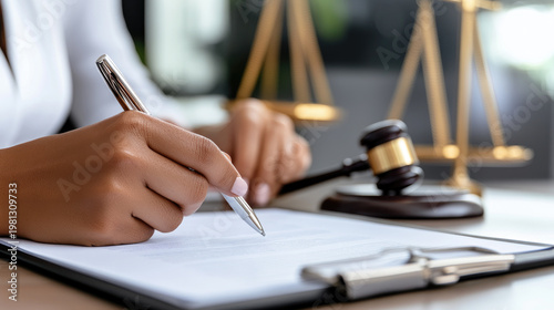 Female lawyer signing a legal document on a clipboard, hand holding a pen with gavel and scales of justice blurred in the background, symbolizing agreement and authority