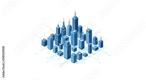 Stylized isometric city model showcases monochromatic blue buildings interconnected by a complex network of glowing digital circuit lines on a clean base.
