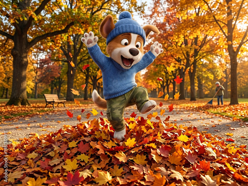 Cute puppy jumping in autumn leaves in park during fall season