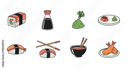 Collection of Japanese sushi and food icons with chopsticks and soy sauce
