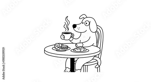 Whimsical dog enjoying coffee and pastries at a cafe table