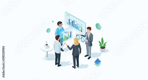 Professional team members interact with glowing semi-transparent data visualization charts in a clean minimalist office space with soft ambient lighting.